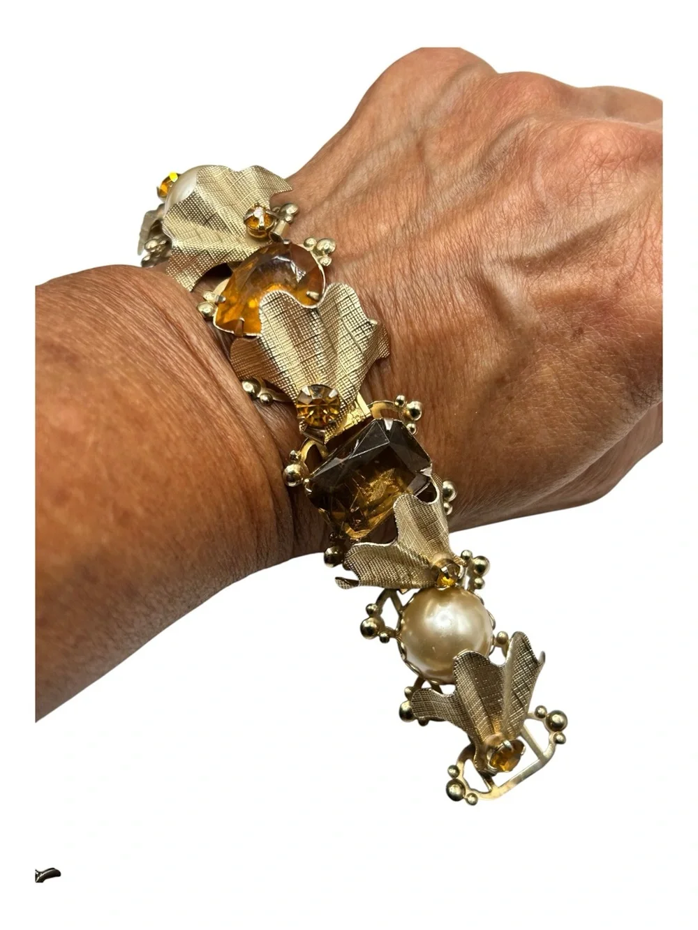 Massive  Vintage Topaz Glass Faux Pearl Book Chain Bracelet